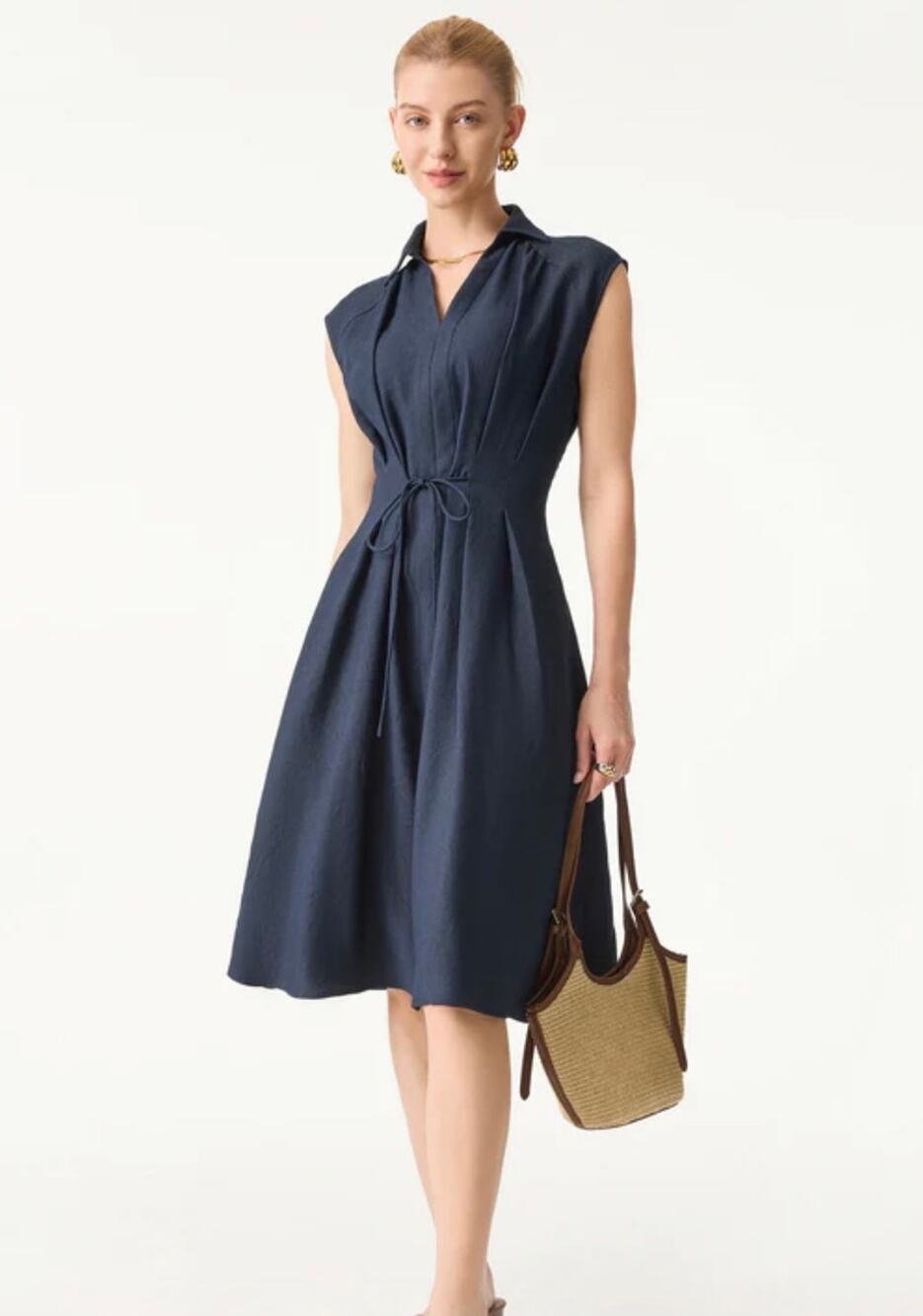 Brand New OGL Viscose-Linen Collared V-neck Midi Dress with Drawstring XS